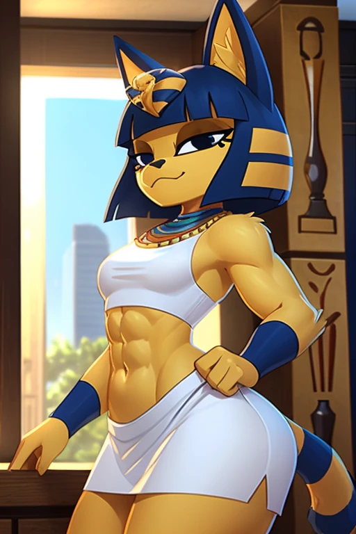 (((masterpiece))), (((best quality))), (((detailed))), ((4k)), trending on artstation, ((furry)), anthro style, furry style, a digital artwork of a sexy Ankha with abs wearing a crop top of her white sleeveless dress with long white skirt, a bare midriff, a bare navel and an exposed belly button, Egyptian setting, sideview, blue Egyptian handbands, she has a smug look,2d style