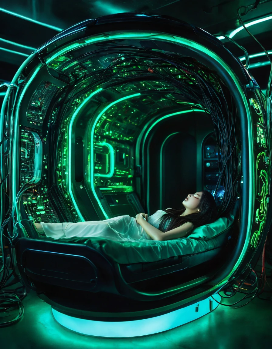 high fashion photography, blue lit background, green gel lighting, low key lighting, korean female model with long hair in a sci-fi sleeping pod, side view, there are black high tech wires in her hair, metal circuit boards above her head, she is surrounded by fire, rich details, cinematic textures, epic, surrealism, film grain, fuji colors, panorama, 8k, UHD