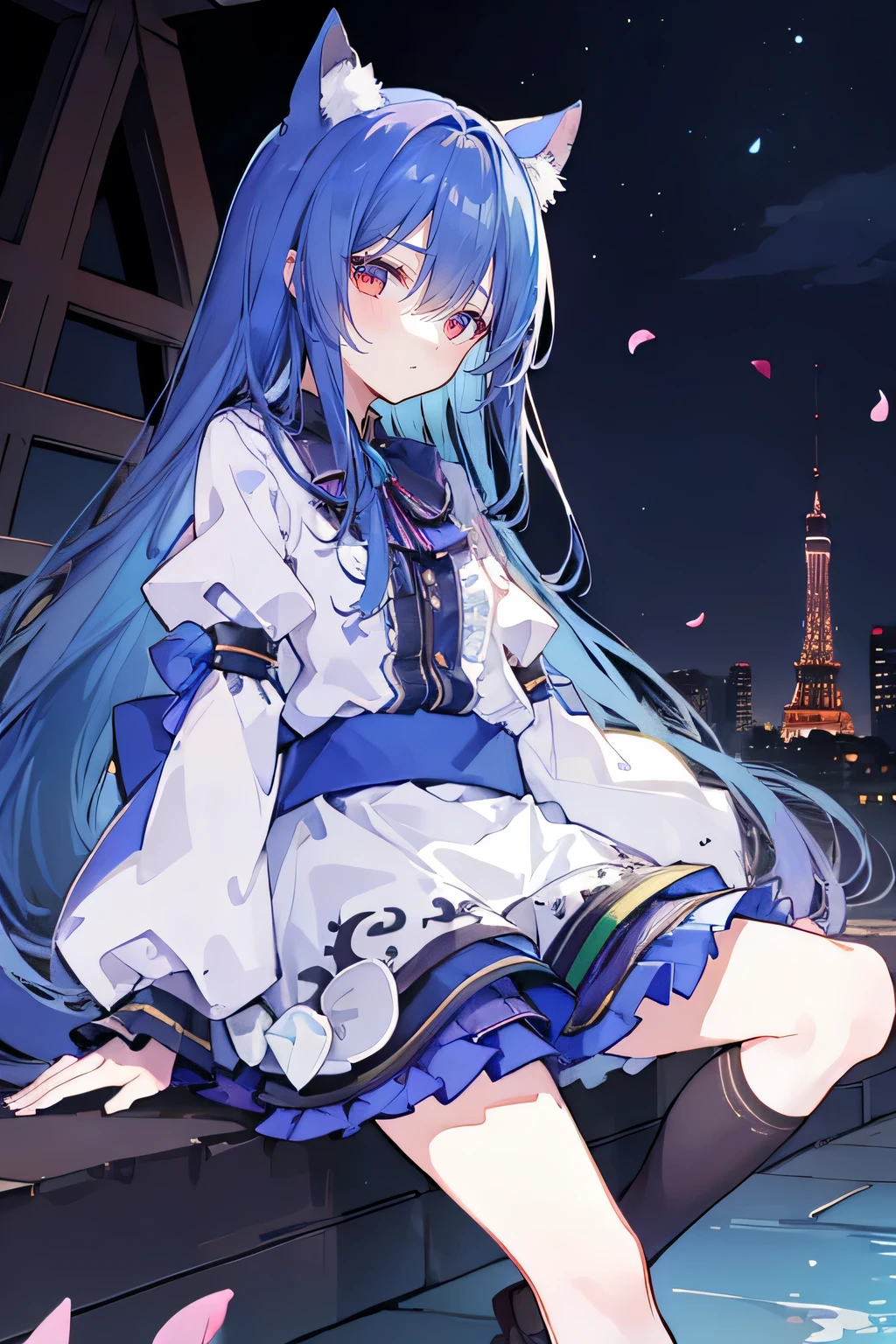 (masterpiece:1.2),Extremely detailed,Practical,expressive eyes,Fair skin,Perfect face shaping,1 Girl,
Japanese cartoons,Gorgeous blue hair, the long flowing blue hair,Floating clothes,Cat ears,Petals fall,beautiful lola,Angel,
Place your hands on your waist,sit elegantly on the ground,Cross your legs,Gentle and peaceful background,open sky,(​masterpiece、top-quality、Official art:1.2)、Look at viewers、(Little Girl))、（Reaper Clothing，colorless hair）（nighttime scene）（With illuminated Tokyo Tower in the background），realisitic、(2D:1.5)