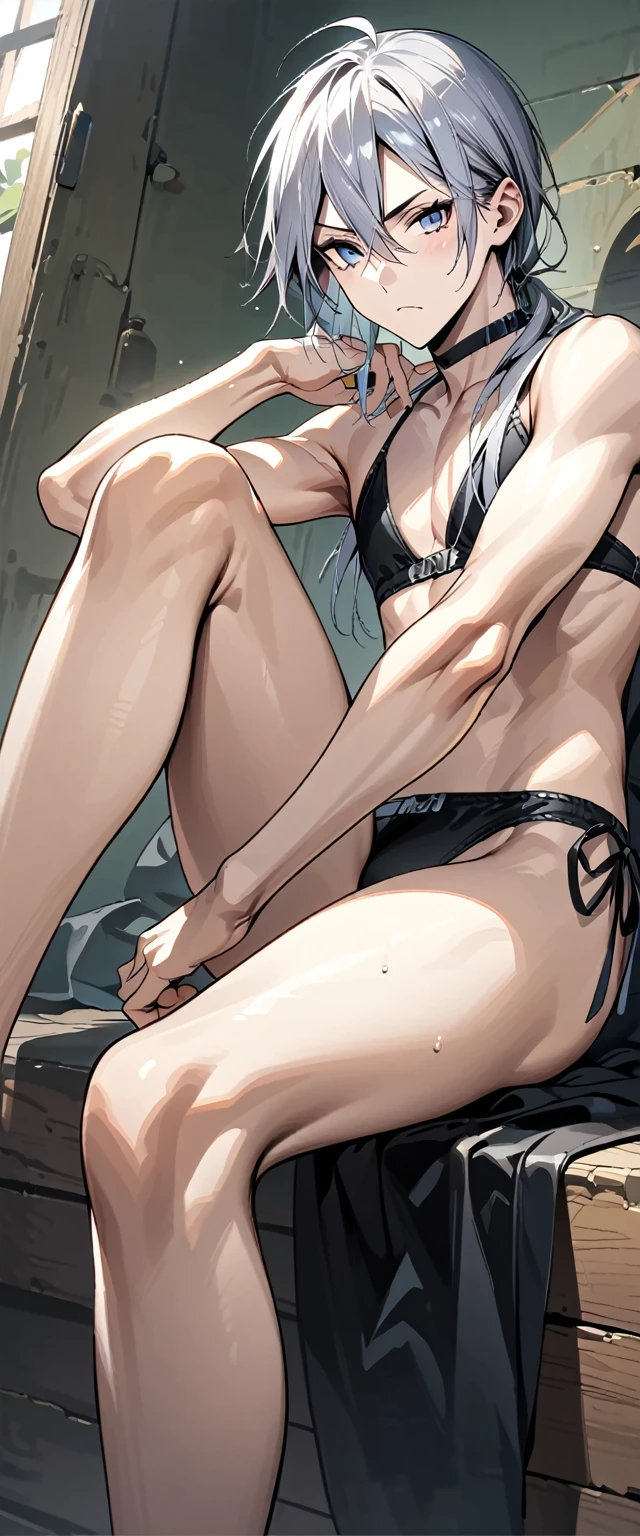 absurdres, highres, ultra detailed, super fine illustration, best quality, 1boy, perfect anatomy, male focus, solo, (dark-skinned:0.8) male, silver hair, long hair, black bikini, bare shoulders, bare arms, bare legs, &lt;lora:_L2090:-0.6&gt; &lt;lora:flat:-0.2&gt;