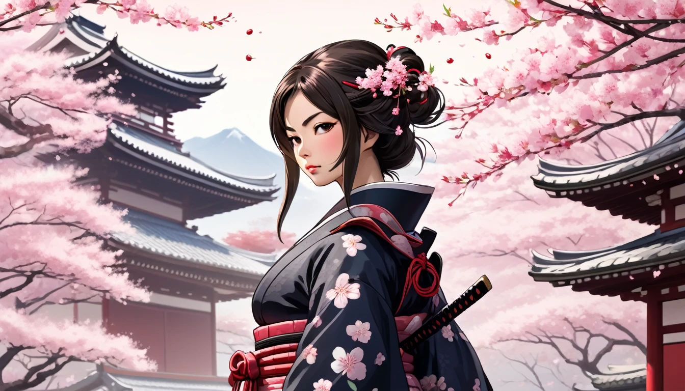 Female samurai,Background is cherry blossoms and a Japanese temple、