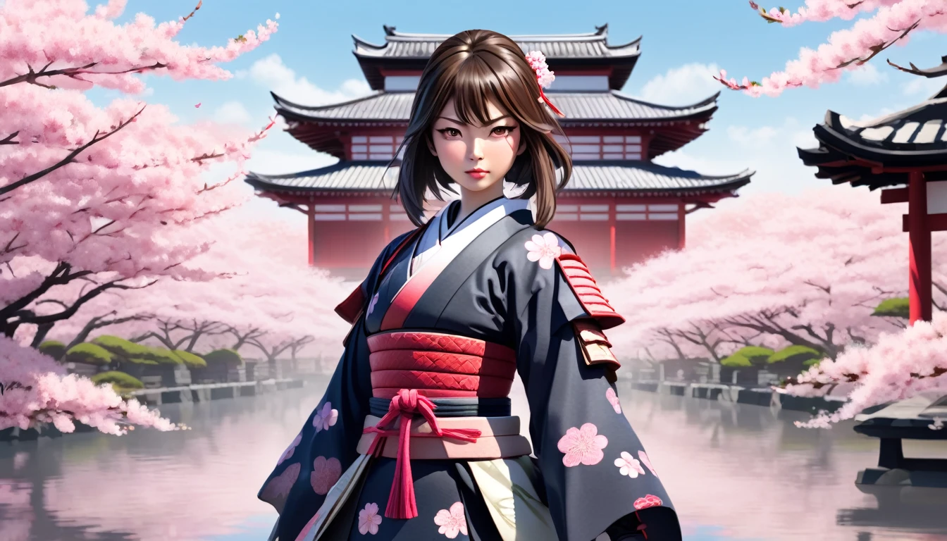Female samurai,Background is cherry blossoms and a Japanese temple、