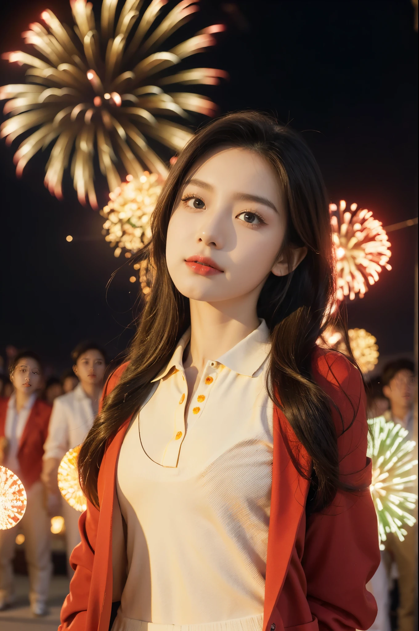 (((best quality))),(((ultra detailed))),(((masterpiece))),illustration, ((Olympic Opening Ceremony,in Paris,summer night,magnificent National stadium of France,Olympic flame, fireworks)),(crowded crowds of enthusiastic spectators:1.3),((a beautiful Chinese girl,solo)),((shoulder length straight hair:1.2)),((slim,thin)),((small breasts,flat chest)),(red polo blazer:1.5),(yellow skirt:1.2),(slender legs:1.2),excited expression, awe, celebrating, electric atmosphere, sense of pride, excitement, playing field, crowd energy, unity, camaraderie, representing China, historic event, memorable moment,((from front,upper body))