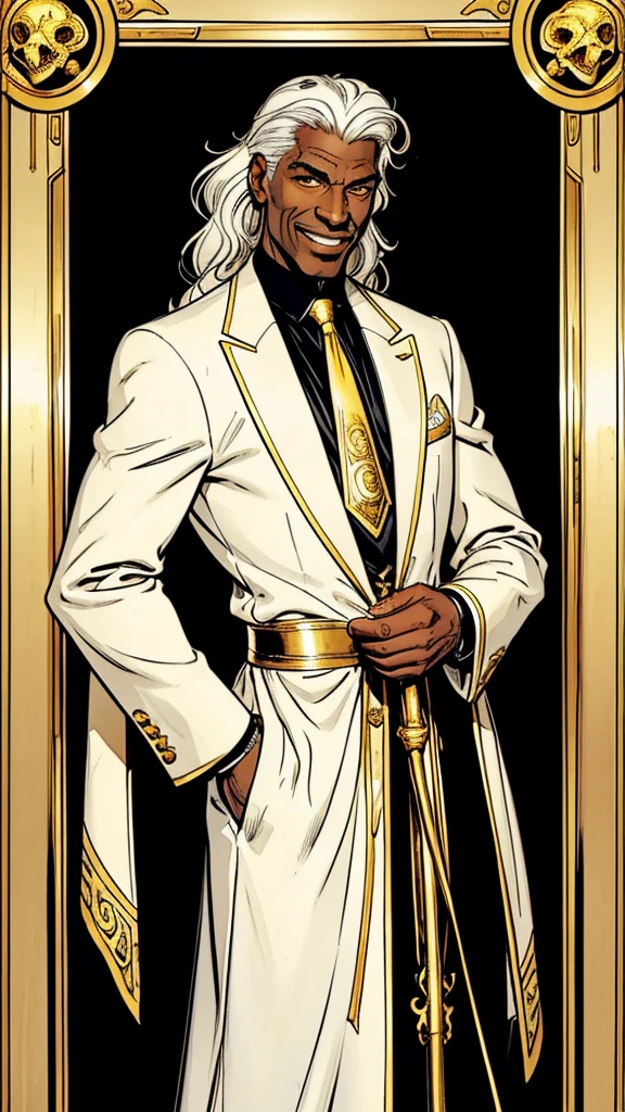 Comic-style art of a black man in his 50s with wavy, long, completely white hair, yellow irises. This man It's very thin, has wrinkles but not many, wears a lot of gold accessories, He is almost always smiling and is of Italian origin. He is a fashion designer and is based on the creator of Versace. Wearing classic and elegant clothes in white and gold. He uses a white cane decorated with gold and which has a bird skull on the tip, which is also made of gold.