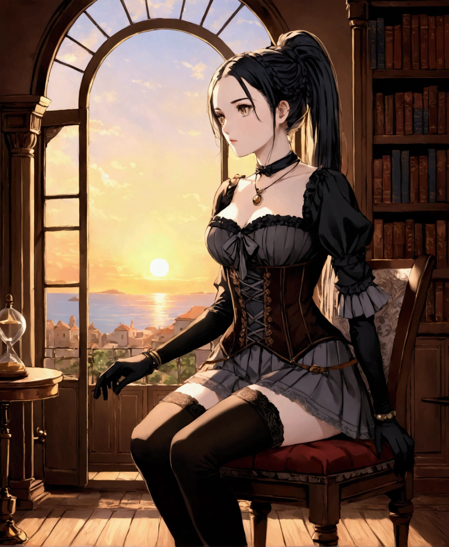 In a large mansion, in a steampunk world, in a sunset, sitting on a chair crossing her legs, in a library, fireplace in the background, nostalgic, looking out the window at the horizon, a beautiful 18 year old woman, /(Mediterranean white skin, extremely long straight jet black hair styled in a ponytail and braids, hazel eyes,), /(Hourglass body, medium hips, medium waist, shapely legs, large chest, small hands, slender fingers, Greek nose, almond eyes,), (Victorian style clothing: black blouse, corset covering entire torso fastened with threads, short skirt with gray pleats and back pigtail, knee-high stockings, black knee-high boots, bow on head, gloves, necklace, bracelets on wrists,),