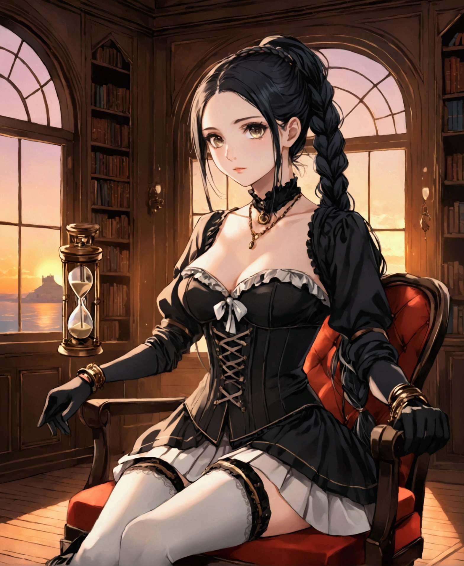 In a large mansion, in a steampunk world, in a sunset, sitting on a chair crossing her legs, in a library, fireplace in the background, nostalgic, looking out the window at the horizon, a beautiful 18 year old woman, /(Mediterranean white skin, extremely long straight jet black hair styled in a ponytail and braids, hazel eyes,), /(Hourglass body, medium hips, medium waist, shapely legs, large chest, small hands, slender fingers, Greek nose, almond eyes,), (Victorian style clothing: black blouse, corset covering entire torso fastened with threads, short skirt with gray pleats and back pigtail, knee-high stockings, black knee-high boots, bow on head, gloves, necklace, bracelets on wrists,),