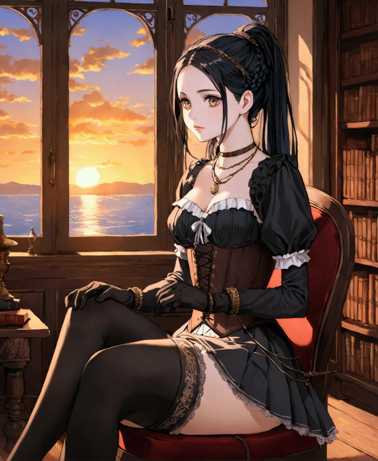 In a large mansion, in a steampunk world, in a sunset, sitting on a chair crossing her legs, in a library, fireplace in the background, nostalgic, looking out the window at the horizon, a beautiful 18 year old woman, /(Mediterranean white skin, extremely long straight jet black hair styled in a ponytail and braids, hazel eyes,), /(Hourglass body, medium hips, medium waist, shapely legs, large chest, small hands, slender fingers, Greek nose, almond eyes,), (Victorian style clothing: black blouse, corset covering entire torso fastened with threads, short skirt with gray pleats and back pigtail, knee-high stockings, black knee-high boots, bow on head, gloves, necklace, bracelets on wrists,),