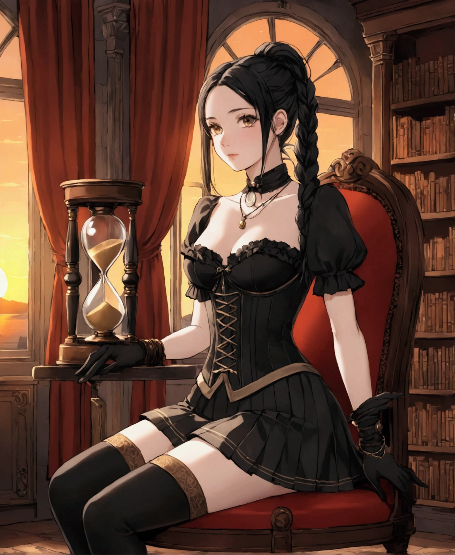 In a large mansion, in a steampunk world, in a sunset, sitting on a chair crossing her legs, in a library, fireplace in the background, nostalgic, looking out the window at the horizon, a beautiful 18 year old woman, /(Mediterranean white skin, extremely long straight jet black hair styled in a ponytail and braids, hazel eyes,), /(Hourglass body, medium hips, medium waist, shapely legs, large chest, small hands, slender fingers, Greek nose, almond eyes,), (Victorian style clothing: black blouse, corset covering entire torso fastened with threads, short skirt with gray pleats and back pigtail, knee-high stockings, black knee-high boots, bow on head, gloves, necklace, bracelets on wrists,),