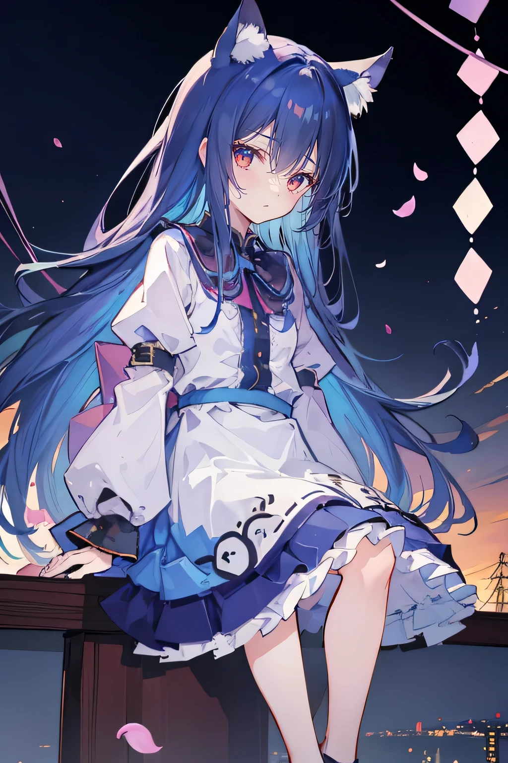 (masterpiece:1.2),Extremely detailed,Practical,expressive eyes,Fair skin,Perfect face shaping,1 Girl,
Japanese cartoons,Gorgeous blue hair, the long flowing blue hair,Floating clothes,Cat ears,Petals fall,beautiful lola,Angel,
Place your hands on your waist,sit elegantly on the ground,Cross your legs,Gentle and peaceful background,open sky,(masterpiece、top-quality、Official art:1.2)、Look at viewers、())、(Reaper Clothing,colorless hair)(nighttime scene)(With illuminated Tokyo Tower in the background),realisitic、(2D:1.5)