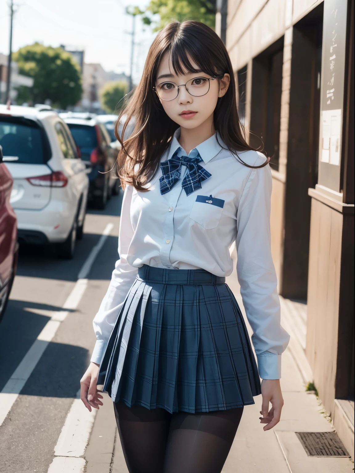 (8k、生photograph、Highest quality、masterpiece:1.2),(Small breasts)、(Small breasts)、(Small breasts)、(Small breasts)、Narrow eyes、Look straight ahead、pupil,De Pere Blanca,(Black Pantyhose),Small face、Chest is petanko,前hairを真ん中から分ける,The forehead is visible,(business,Glare,strong,Are thin,Irritation、strong、Saucy)、masterpiece,Highest quality,Ultra-high resolution,生photograph,even,beautiful、One person,One person,Glasses,,Strong face、丸Glasses、cute、JK、high school girl、Japanese women、Are standing、(PhotoReactive:1.37)、Photon Mapping、Light blue ribbon、Real、cute小さな顔、Brown eyes、Black socks、(Red bow tie)、Radio City、Physically Based Rendering、Prospect、Character boundary depth、Blurred Background、photograph、girl、body、Beautiful feet、Long legs、Thin legs、(前hairが見える)、hair、lips、blue_The目、Soft Nose、(Light blue shirt)、(Navy, blue and white plaid pleated skirt)、High school uniforms、I can see your knees、See-through clothing、Thighs、black cotton socks、Nogizaka Idol、、Japan Ido