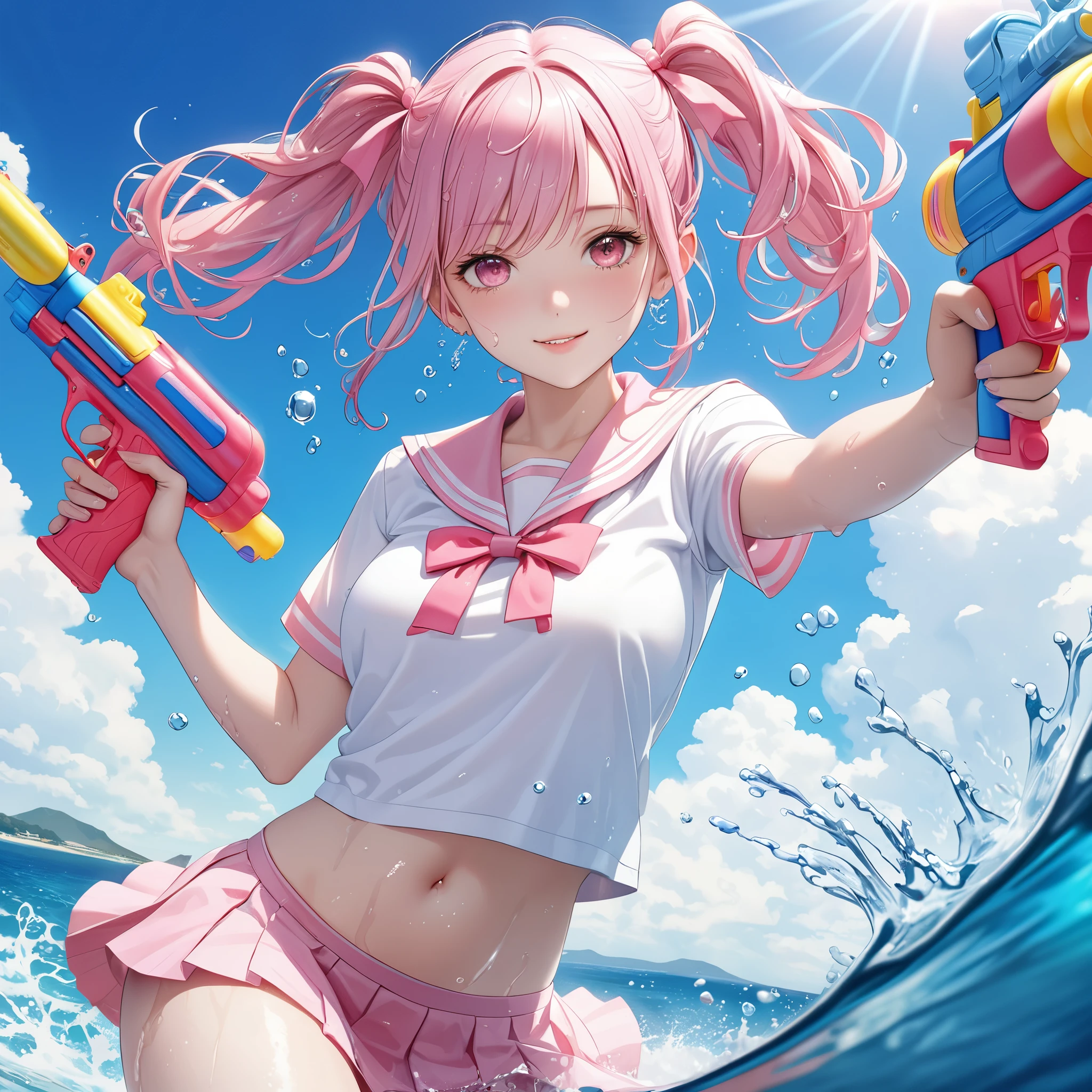 (8K, masutepiece, Best Quality, Official art, beautiful detailed, beautiful lighting, best masterpiece in history that exceeds limits), (1 Girl, Solo), (sixteen years old), (beautiful detailed face), (wet shiny white skin), (Beautiful big bust:1.3), (thighs, navel), (beautiful detailed pink twin tails hair, Bangs:1.3), (beautiful detailed drooping pink eyes:1.5), (high school uniform:1.3), (wet patsel pink sailor collar, white short sleeves short length outing shirt, pastel pink pleated skirt, patsel pink ribbon:1.3), (happy smile:1.2), (dynamic angle, dynamic cut, Attractive, Look at the camera, cute pose), breathtaking scenery, (ultra detailed realistic Beautiful sea, blue sky, summer:1.2), (water gun, release water, water splash:1.5),