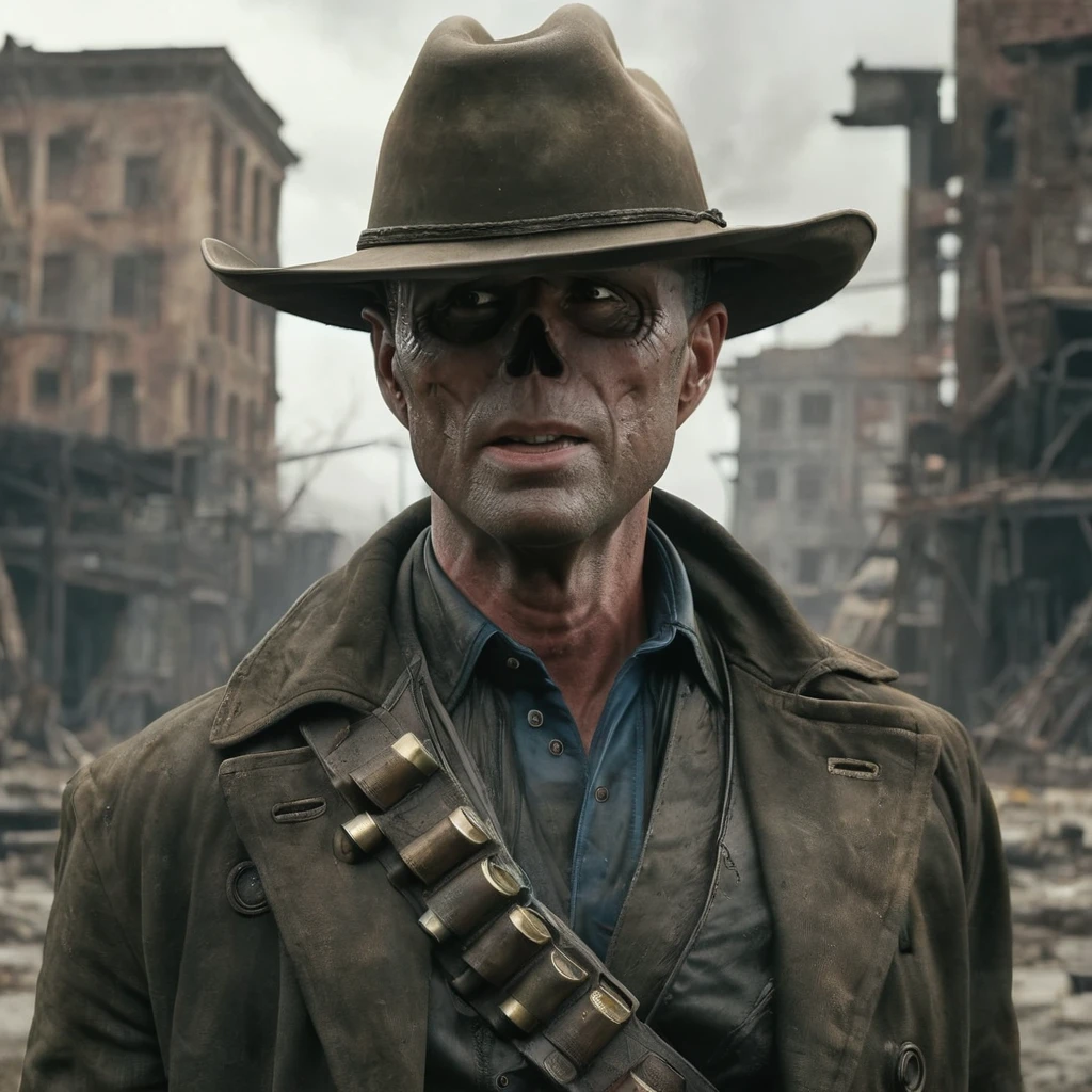 close up of the ghoul with no nose but otherwise looking like 40 year old Walton Goggins the actor but with smooth burned skin, standing in a post apocalyptic ruined city, wearing a dirty dark brown cowboy hat and long dark brown dirty trench coat. Photo-realistic. From Fallout TV series. Cinematic, Rich color, masterpiece, hyper realistic, ultra detailed, high quality, best quality, 4k, 8k, hi resolution,