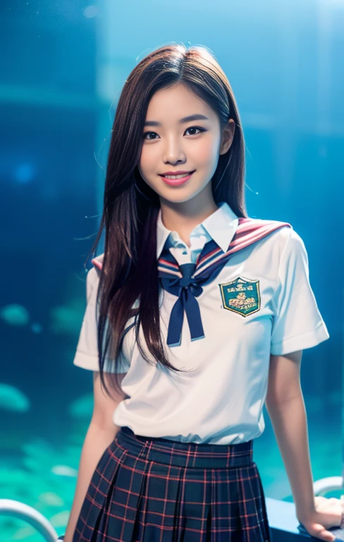 (uthful eurasian lady, early 20s, at an Aquarium, (((full bodyesbian))), ((Girls' High School Uniforms)), short_bob_hair_ponytail, Dimples, Friendly & Kind smile, snaggle-tooth, realistic skin textures, healthy body proportion, hyper-realism, photorealistic, beautiful detailed eyes, high contrast, ultra HD, top image quality, fine details, very meticulously, masterpiece, the_cowboy_shot, bokeh background, Serene Ambiance, LED blue light) #MondayBlues #MondayMotivation