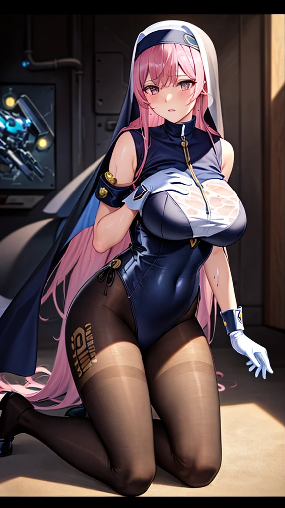 (((Masterpiece))),(((Best quality))),((Super detailed)),(illustration)，nun headdress，Tights Mecha Girl，((Mechanical style clothes))，Struggling movements，Hands tied by tentacles，Long straight pink hair，Biggest Breasts，Soaked