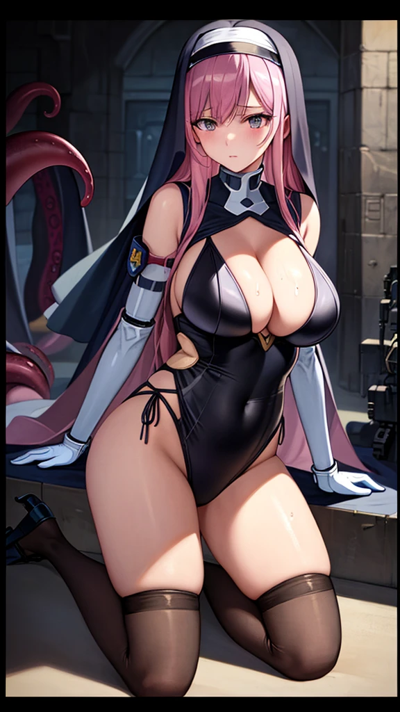 (((Masterpiece))),(((Best quality))),((Super detailed)),(illustration),nun headdress,Tights Mecha Girl,((Mechanical style clothes)),Struggling movements,Hands tied by tentacles,Long straight pink hair,Biggest Breasts,Soaked