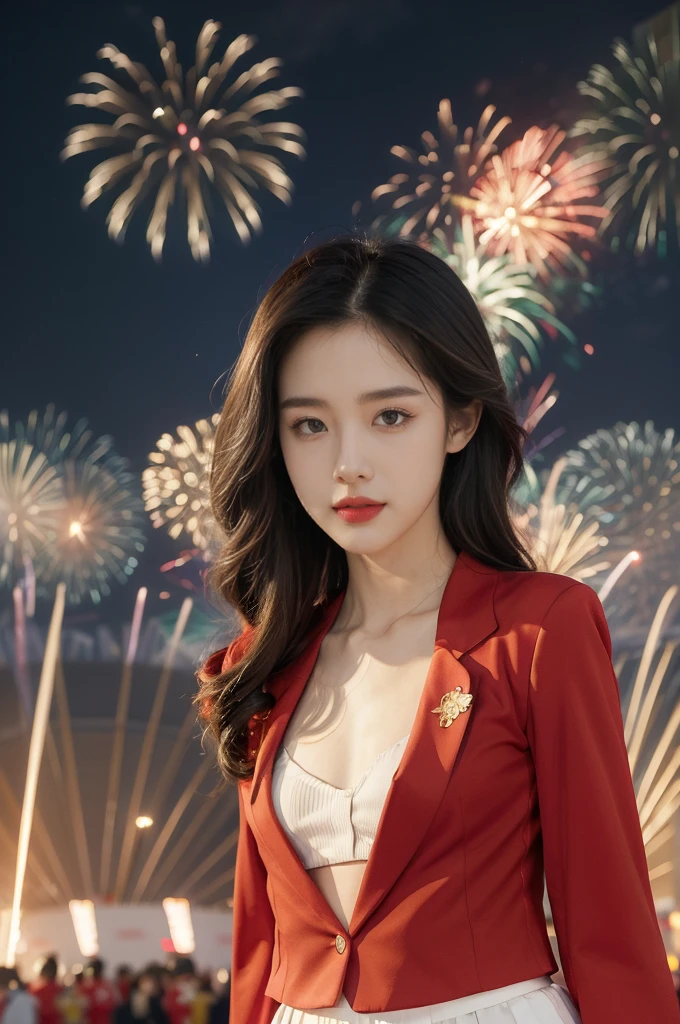 (((best quality))),(((ultra detailed))),(((masterpiece))),illustration, ((Olympic Opening Ceremony,in Paris,summer night,magnificent National stadium of France,Olympic flame, fireworks)),(crowded crowds of enthusiastic spectators:1.3),((a beautiful Chinese girl,solo)),((shoulder length straight hair:1.2)),((slim,thin)),((small breasts,flat chest)),(red blazer:1.5),(yellow skirt:1.2),(slender legs:1.2),excited expression, awe, celebrating, electric atmosphere, sense of pride, excitement, playing field, crowd energy, unity, camaraderie, representing China, historic event, memorable moment,((from front,upper body))
