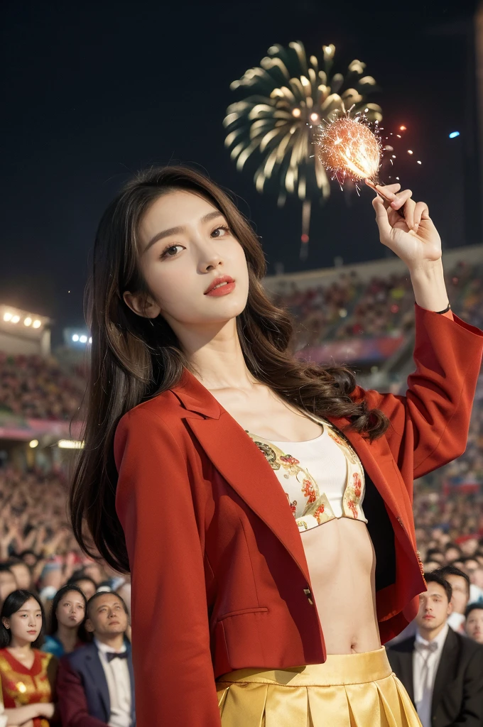 (((best quality))),(((ultra detailed))),(((masterpiece))),illustration, ((Olympic Opening Ceremony,in Paris,summer night,magnificent National stadium of France,Olympic flame, fireworks)),(crowded crowds of enthusiastic spectators:1.3),((a beautiful Chinese girl,solo)),((shoulder length straight hair:1.2)),((slim,thin)),((small breasts,flat chest)),(red blazer:1.5),(yellow skirt:1.2),(slender legs:1.2),excited expression, awe, celebrating, electric atmosphere, sense of pride, excitement, playing field, crowd energy, unity, camaraderie, representing China, historic event, memorable moment,((from front,upper body))