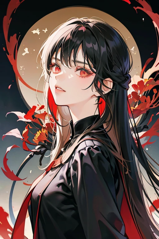 Masterpiece, high quality, Single female, Ethereal, beautiful,portrait, long black hair, straight hair, straight bangs, olive skin, red eyes, glittering eyes, angry face, black colors, white colors, red colors, black t-shirt, modern, no accessories,The face is smug, arrogant, spider lily in the background, night-time background, Rich in color, close up shot, bust photo. Look at the viewer. Stand straight. NO hands.