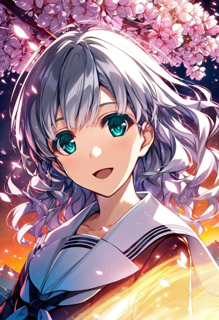 scenery, Mountain Horizon, cherry blossoms, petal, Particles of light, Upper Body, One girl, Sailor, Wavy Hair, Floating Hair, smile, Sitting, Open your mouth, Particles of light, Silver Hair, Aqua Eye, View your viewers, Face Focus