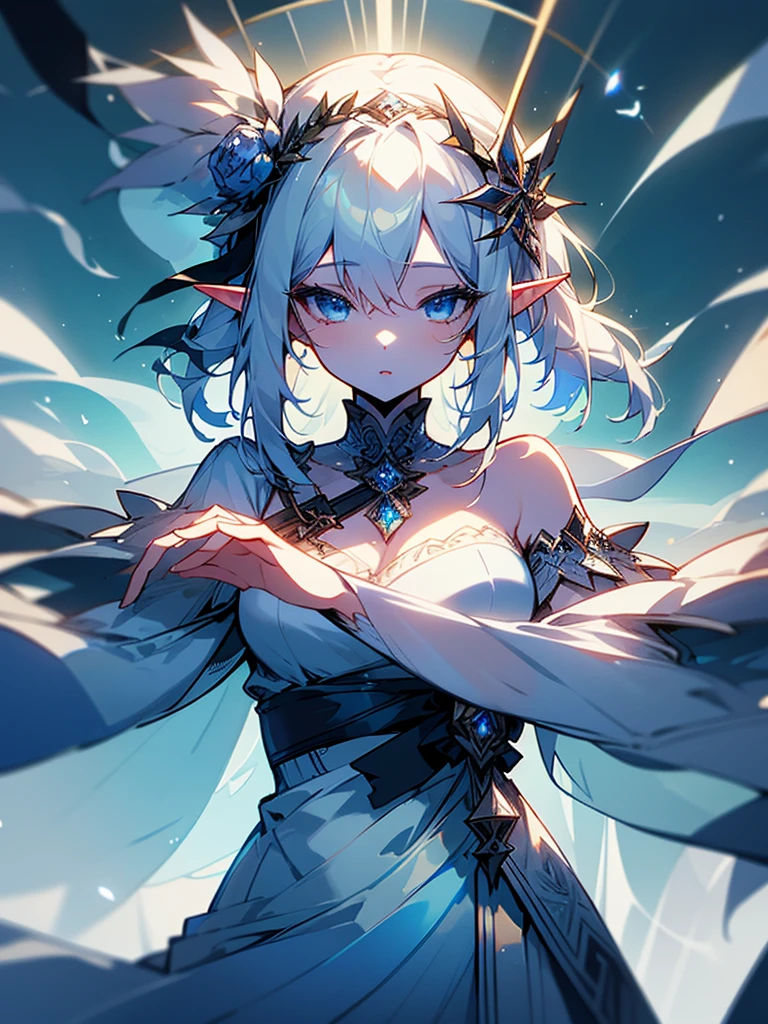 Highest image quality, outstanding details, ultra-high resolution, (fidelity: 1.4), the best illustration, favor details, highly condensed 1girl, with a delicate and beautiful face, dressed in white dress, elf, silver hair, blue eyes, sexy
