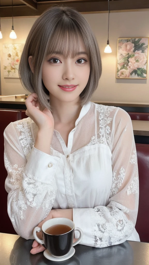 (1 young ultra Cute japanese girl,short silver hair,porcelain white skin,slender figure,lacy shirt,sitting in Italian cafe,drinking black tea,beautiful detailed eyes,long eyelashes,charming dropped eyes,lovely smiling lips,extremely detailed face without makeup:1.5),best quality,4k,8k,highres,masterpiece,ultra-detailed,realistic,photorealistic,photo-realistic,HDR,UHD,studio lighting,ultra-fine painting,sharp focus,physically-based rendering,extreme detail description,professional,vivid colors,bokeh,portraits,soft pastel colors,natural lighting,cinematic composition