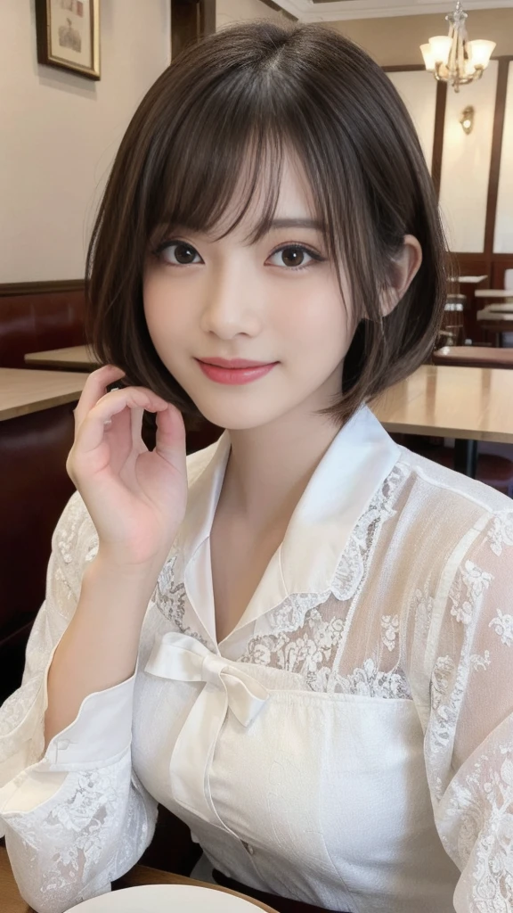 (1 young ultra Cute japanese girl,short silver hair,porcelain white skin,slender figure,lacy shirt,sitting in Italian cafe,drinking black tea,beautiful detailed eyes,long eyelashes,charming dropped eyes,lovely smiling lips,extremely detailed face without makeup:1.5),best quality,4k,8k,highres,masterpiece,ultra-detailed,realistic,photorealistic,photo-realistic,HDR,UHD,studio lighting,ultra-fine painting,sharp focus,physically-based rendering,extreme detail description,professional,vivid colors,bokeh,portraits,soft pastel colors,natural lighting,cinematic composition