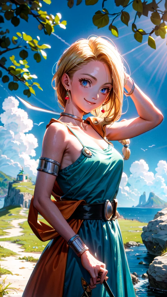 (Masterpiece, Best Quality:1.2), 1 Girl, Solo, 1girl, Bianca, DQ5, Illustration, Anime Style, Long Hair, Blonde Hair, Single Blade, Over Shoulder Hair, Blue Eyes, Smile,, Dress, Jewelry, Earrings, Choker, Cape, Bracelet, Nature, Outdoors, Blue Sky