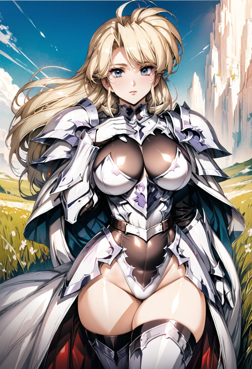 ((highest quality)), ((masterpiece)), ((hyperrealistic)), (detailed background), 1girl, ((curvy: 1.2)), ((Sparkling sequin lame leotard: 1.3)), ((catsuit)), ((white paladin armor)), ((long skirt)), ((armored dress)), cloak de cour, gauntlet, gloves, belt, Blonde hair, ahoge, (huge breasts), (see-through cleavage cutout), (zettai ryouiki armored thigh high boots), (thighs), (groin area), beautiful eyes, perfect face, Perfect hands, perfect fingers, Blue sky and grassland,