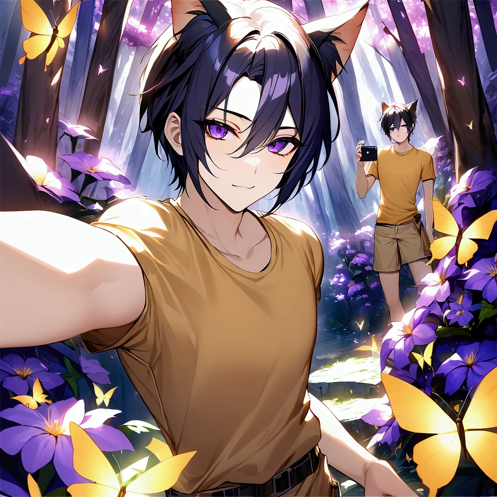 Boy with yellow tshirt, cat ears, forest,purple dark light, absurdres, highres, ultra detailed, HDR, master piece, best quality, black hair, expressive purple eyes, magical, fantasy, shining, purple flowers, blossoms, yellow butterflies, medium shot, Taking selfies
