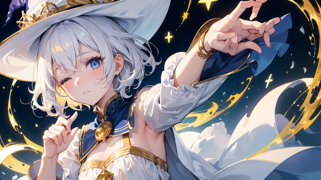 (Highest quality)　(4K)　(8k)　(High resolution)　(masterpiece:1.2)　(Super detailed)　One girl　short hair　witch　The right eye is blue and the left eye is yellow　Long sleeve　Golden decoration　Hair between the eyes　Closed Mouth　White Dress　Wavy white hair　Upper Body　Blue hat　Golden Background　Embarrassed　Being spoiled　(Looking up)　(Cast a spell)