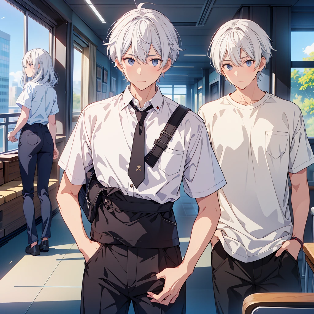 A high school-aged boy with white hair,White short sleeve,Black pants