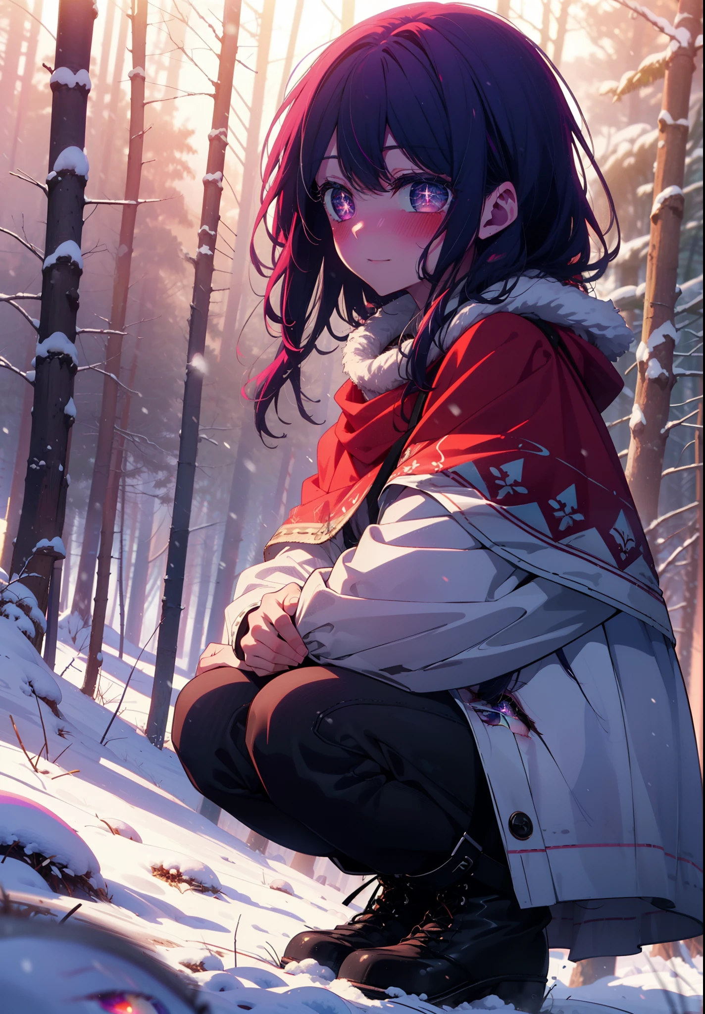 aihoshino, Ai Hoshino, Long Hair, bangs, (Purple eyes:1.1), Purple Hair, (Symbol-shaped pupil:1.5), smile,,smile,blush,white breath,
Open your mouth,snow,Ground bonfire, Outdoor, boots, snowing, From the side, wood, suitcase, Cape, Blurred, , forest, White handbag, nature, Squat, Mouth closed, Cape, winter, Written boundary depth, Black shoes, red Cape break looking at viewer, Upper Body, whole body, break Outdoor, forest, nature, break (masterpiece:1.2), Highest quality, High resolution, unity 8k wallpaper, (shape:0.8), (Beautiful and beautiful eyes:1.6), Highly detailed face, Perfect lighting, Highly detailed CG, (Perfect hands, Perfect Anatomy),