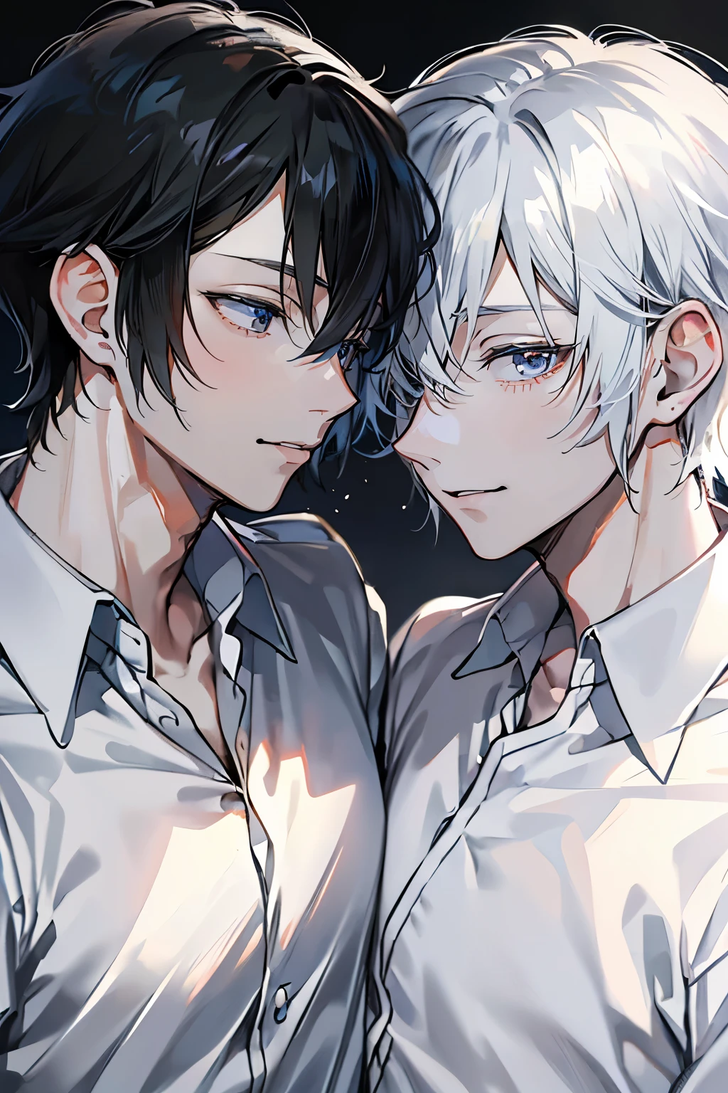 (Mastepiece), (Best Quality), Very detailed, ((Two men intimate)), Perfect Face, Beautiful Face, Very detailed顔，(One black-haired man:1.3)，(One white-haired man:1.3)，shirt、smile