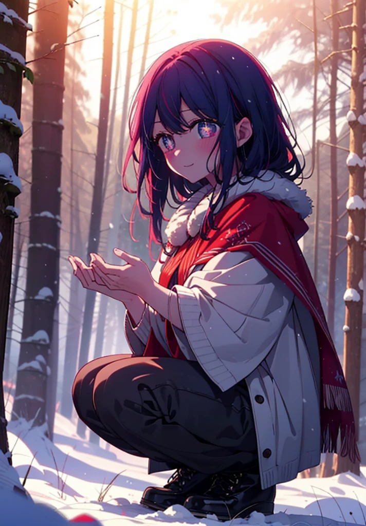 aihoshino, Ai Hoshino, Long Hair, bangs, (Purple eyes:1.1), Purple Hair, (Symbol-shaped pupil:1.5), smile,,smile,blush,white breath,
Open your mouth,snow,Ground bonfire, Outdoor, boots, snowing, From the side, wood, suitcase, Cape, Blurred, , forest, White handbag, nature,  Squat, Mouth closed, Cape, winter, Written boundary depth, Black shoes, red Cape break looking at viewer, Upper Body, whole body, break Outdoor, forest, nature, break (masterpiece:1.2), Highest quality, High resolution, unity 8k wallpaper, (shape:0.8), (Beautiful and beautiful eyes:1.6), Highly detailed face, Perfect lighting, Highly detailed CG, (Perfect hands, Perfect Anatomy),