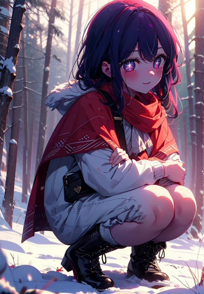 aihoshino, Ai Hoshino, Long Hair, bangs, (Purple eyes:1.1), Purple Hair, (Symbol-shaped pupil:1.5), smile,,smile,blush,white breath,
Open your mouth,snow,Ground bonfire, Outdoor, boots, snowing, From the side, wood, suitcase, Cape, Blurred, , forest, White handbag, nature, Squat, Mouth closed, Cape, winter, Written boundary depth, Black shoes, red Cape break looking at viewer, Upper Body, whole body, break Outdoor, forest, nature, break (masterpiece:1.2), Highest quality, High resolution, unity 8k wallpaper, (shape:0.8), (Beautiful and beautiful eyes:1.6), Highly detailed face, Perfect lighting, Highly detailed CG, (Perfect hands, Perfect Anatomy),
