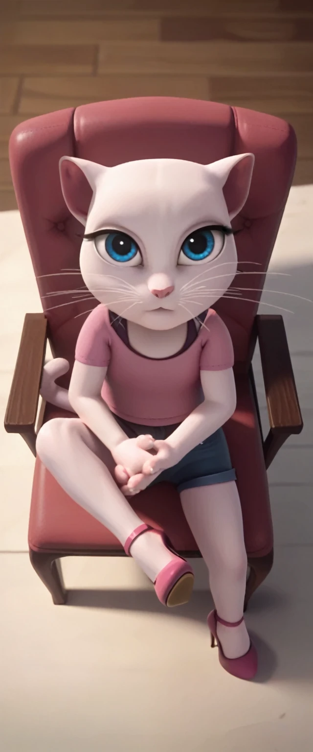 1 girl, cat, white fur, long whiskers on both sides of the face, large bright blue eyes, large black eyelashes, small pink nose, triangular ears with pink channels. There are high heels. front view legs woman from above,holding own legs,twin tails,sitting on chair own hands holding legs,folded,flexible,legs up,cat tail turned inward