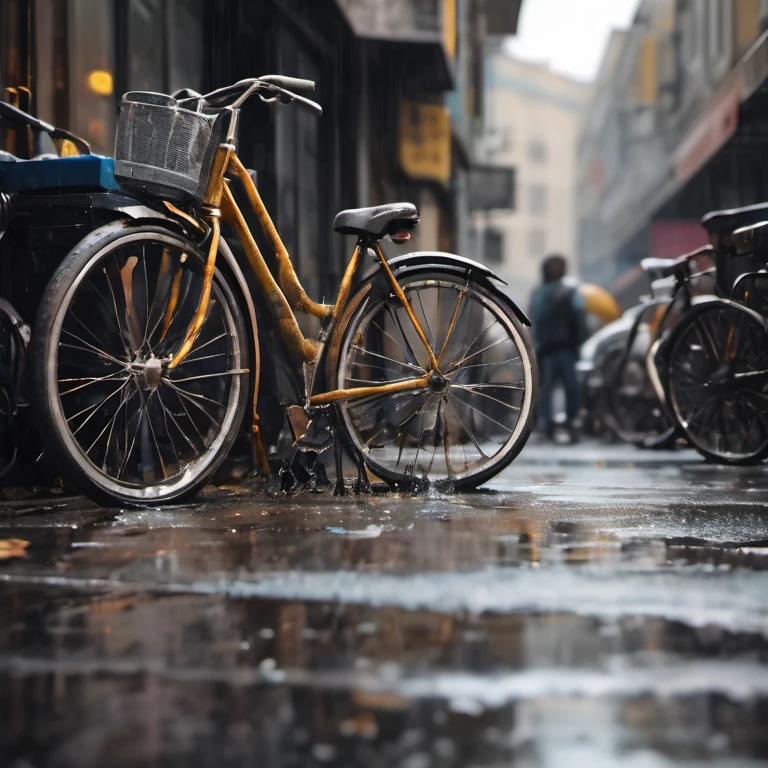 a old bike with broken wheels lied on the busy street, dull, rusted andbroken, sharp detailed focus on the bike, blurry surrounded, dslr photoshot, intricate detailed, spot light focus on bike, blurry people passing by, dimmed light surrounded, splashing water, rain, dark street