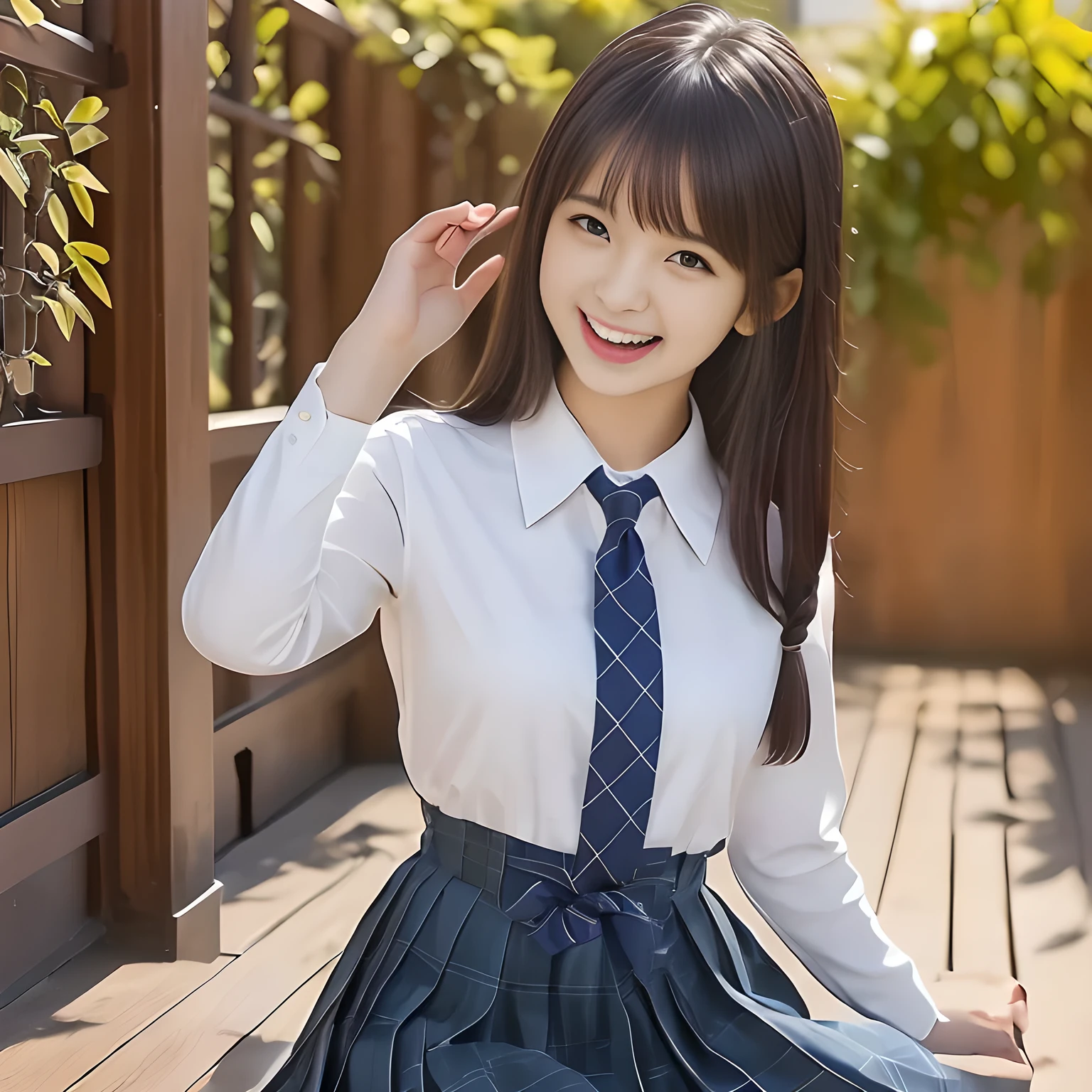 (Highest quality, masterpiece:1.2), Highest quality, High resolution, 1080P, 8K, height: 165cm, ((A noble and intelligent succubus who looks like a best proportion Japanese young lady is giggling while magically hypnotizing the viewer)), ((So sweet, very noble, cute and pretty Japanese beautiful cute girl)), ((A real, very girly, sweet, cute and noble girl)), ((((A smiling beautiful Japanese cute fashion model)))), ((((Very pure white face and limbs)))), Glossy Lips, (Evenly cut bangs), ((Very beautiful, smiling brown, droopy, cute, pure, noble eyes)), ((Super long, straight black hair that reaches the floor)), Very shiny, Glossy Lips, Open hand over open mouth, Beautiful straight hair like a hair model, Watch and laugh at your audience, ((Incredibly well organized, Rich facial expressions. Plump and beautiful white skin and face)), ((Pure, clear, gentle smiling eyes)), ((Smile at me)), Glossy Lips, ((Noble and elegant)), ((As the succubus charms you with her magic and giggles)), ((((Succubus is fascinating、Calling to the depths of eternity)))), Very beautiful blue skirt, ((Large upward-curving lips)), ((Look directly at the viewer)), White Hand, ((Navy Japanese School Blazer, Navy and sapphire blue Japanese school uniform tartan check pattern pleated long skirt, Blue string ribbon tie)), ((((An ecstatic expression of boundless joy)))), ((fantastical white garden background))