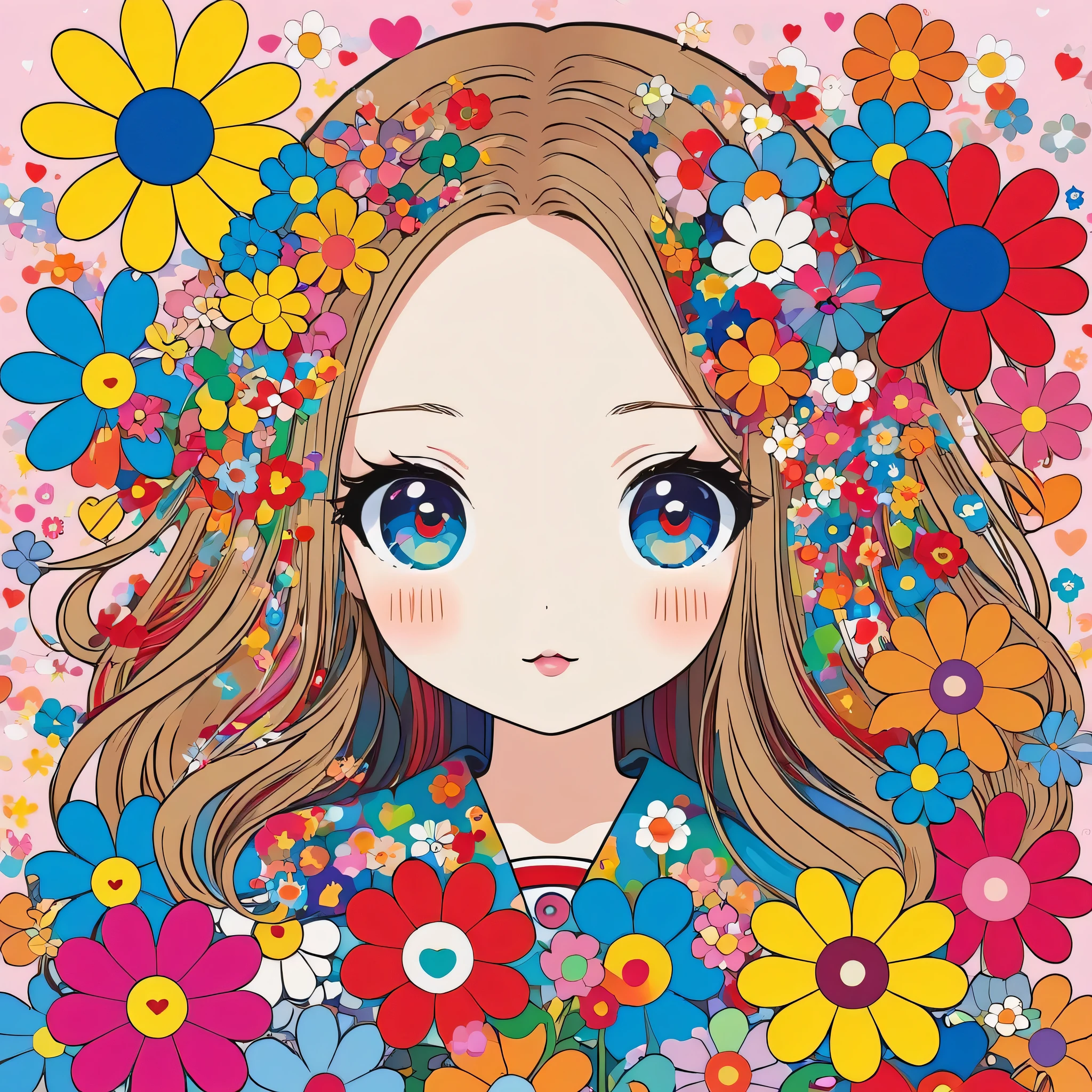 Takashi Murakami style, Simple Line Initialism,Abstract art,Kawaii Design, The most beautiful girl of all time, colorful hearts, colorful flowers,