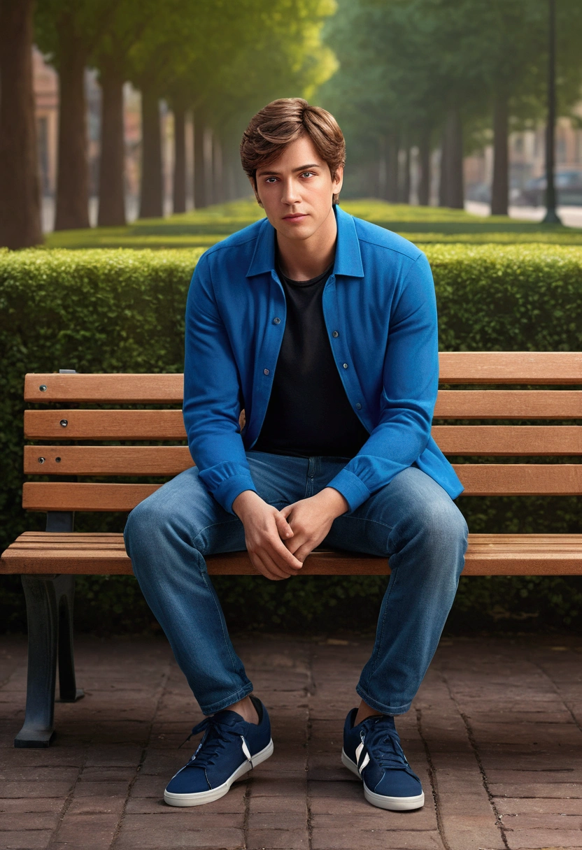 Create a realistic image, the character is a man with short brown hair, brown eyes, fair skin, blue blouse, jeans and black sneakers. He sits on a bench in a square with a tired face. Ensure the illustration has a warm and inviting atmosphere, the image is rendered in high definition, capturing the exciting essence of the moment, and the composition exudes cinematic quality, Typography, Concept Art, Photo, Illustration, 3D Rendering, Cinematic , poster, vibrant, portrait photography, that is visually appealing to young people, use vibrant colors.