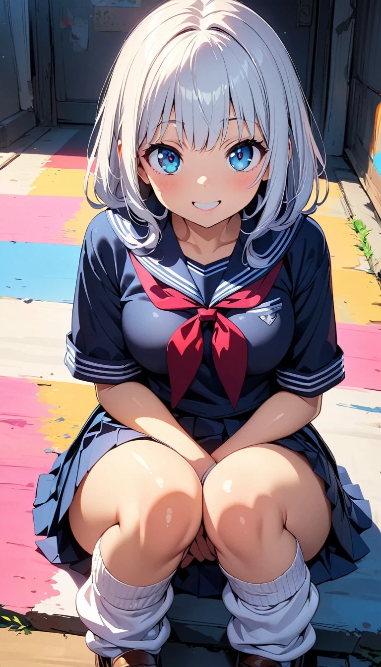 (Highest quality:1.2, 4K, 8k, Studio Anime, Very detailed, up to date, Vibrant, High detail, High Contrast, masterpiece:1.2, Highest quality, Best aesthetics), (((1 Girl))), Sit and pose, JK, Sailor suit, Pleated skirt, loose socks, loafers, Open your mouth a little:1.2, smile, Dynamic Angle, look up:1.3, Friendly atmosphere, Beautiful Hair, Shiny Hair, Beautiful Skin, Detailed face and eyes, Glossy Lips, Curvy Women, Striking contrast,