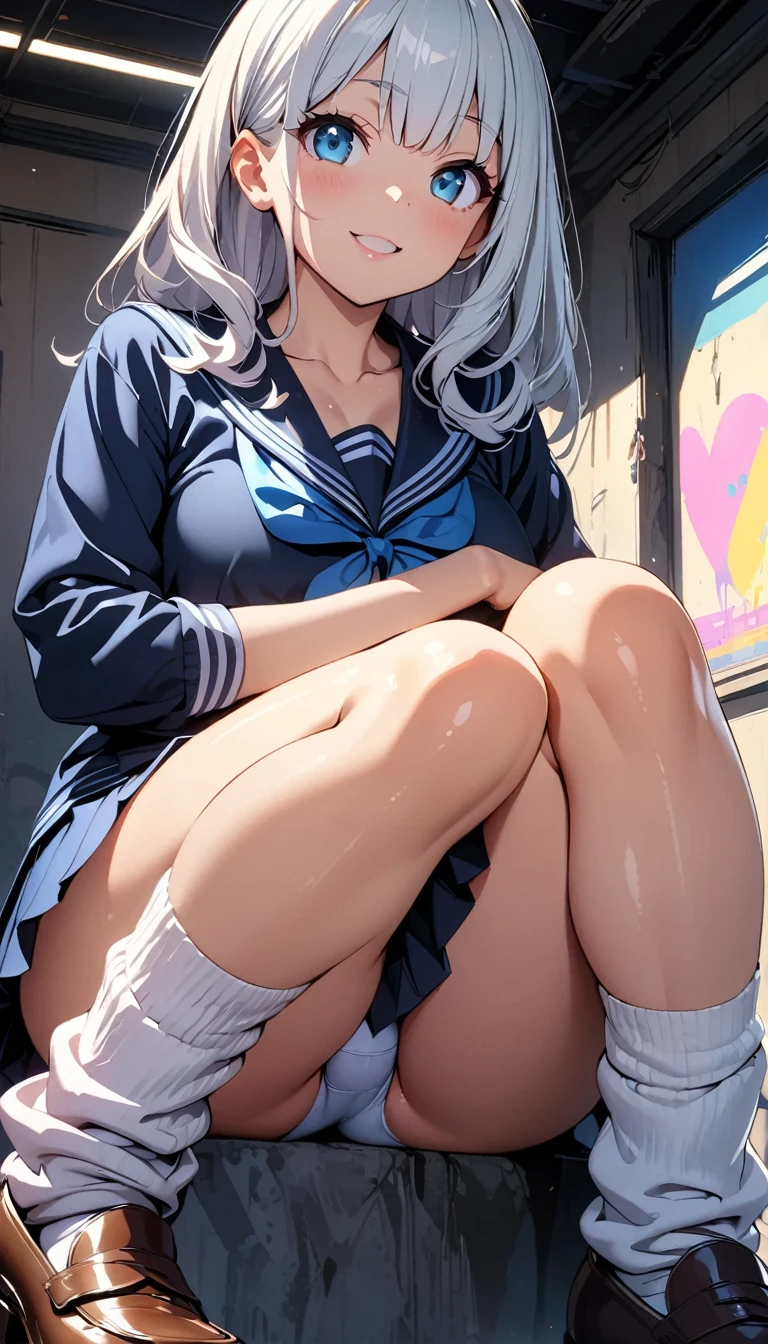 (Highest quality:1.2, 4K, 8k, Studio Anime, Very detailed, up to date, Vibrant, High detail, High Contrast, masterpiece:1.2, Highest quality, Best aesthetics), (((1 Girl))), Sit and pose, JK, Sailor suit, Pleated skirt, loose socks, loafers, Open your mouth a little:1.2, smile, Dynamic Angle, look up:1.3, Friendly atmosphere, Beautiful Hair, Shiny Hair, Beautiful Skin, Detailed face and eyes, Glossy Lips, Curvy Women, Striking contrast,