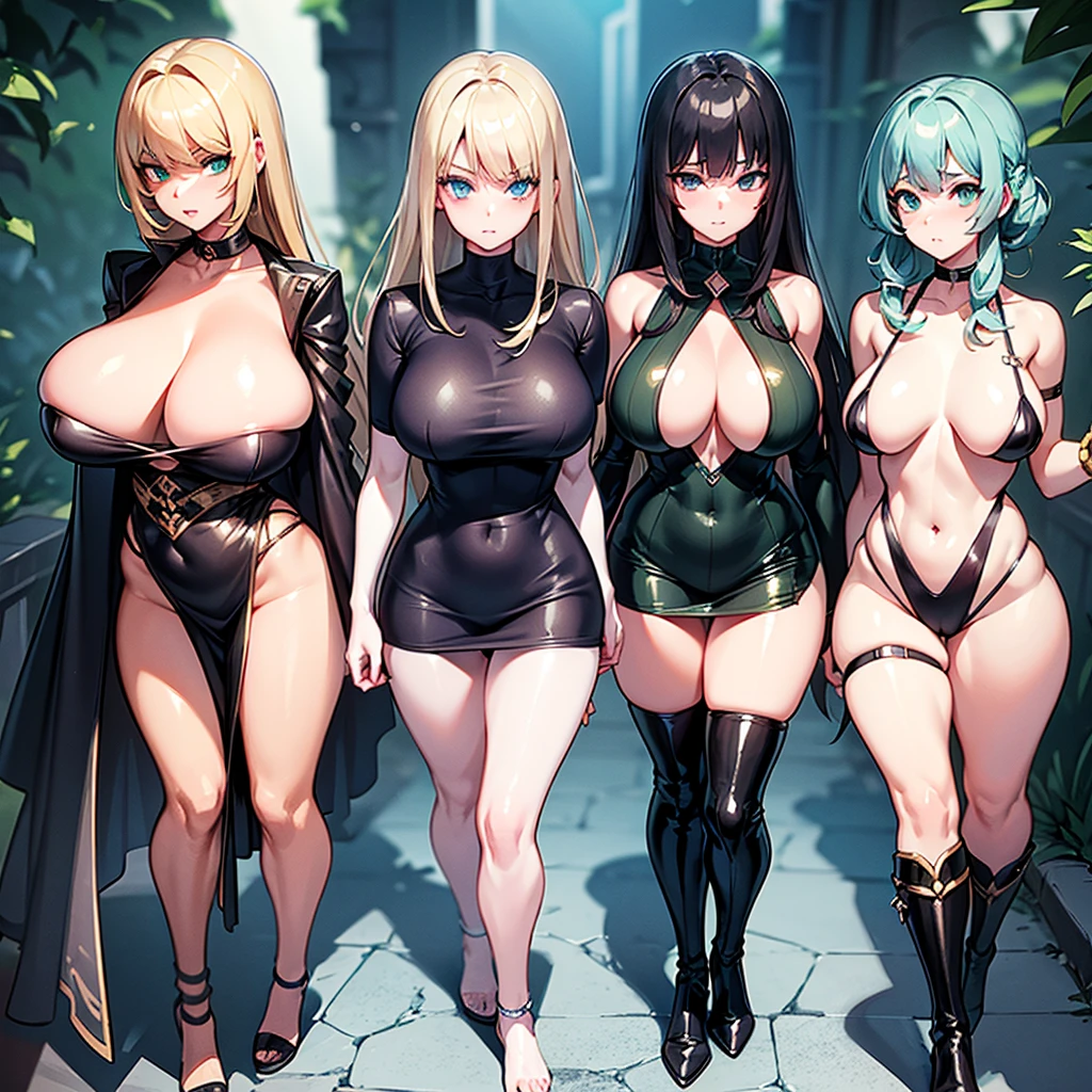 4 girls, 1)Curvaceous figure, Milf, imposing presence, dark hair, striking green eyes, authoritative demeanor. 2)Softened figure, gray-haired, emerald-green eyes, charming demeanor. 3)Petite, voluptuous, black hair, emerald-green eyes, innocent-looking yet sensual. 4)Small-framed, delicate, blonde hair, striking azure-blue eyes, naive yet mischievous aura.
