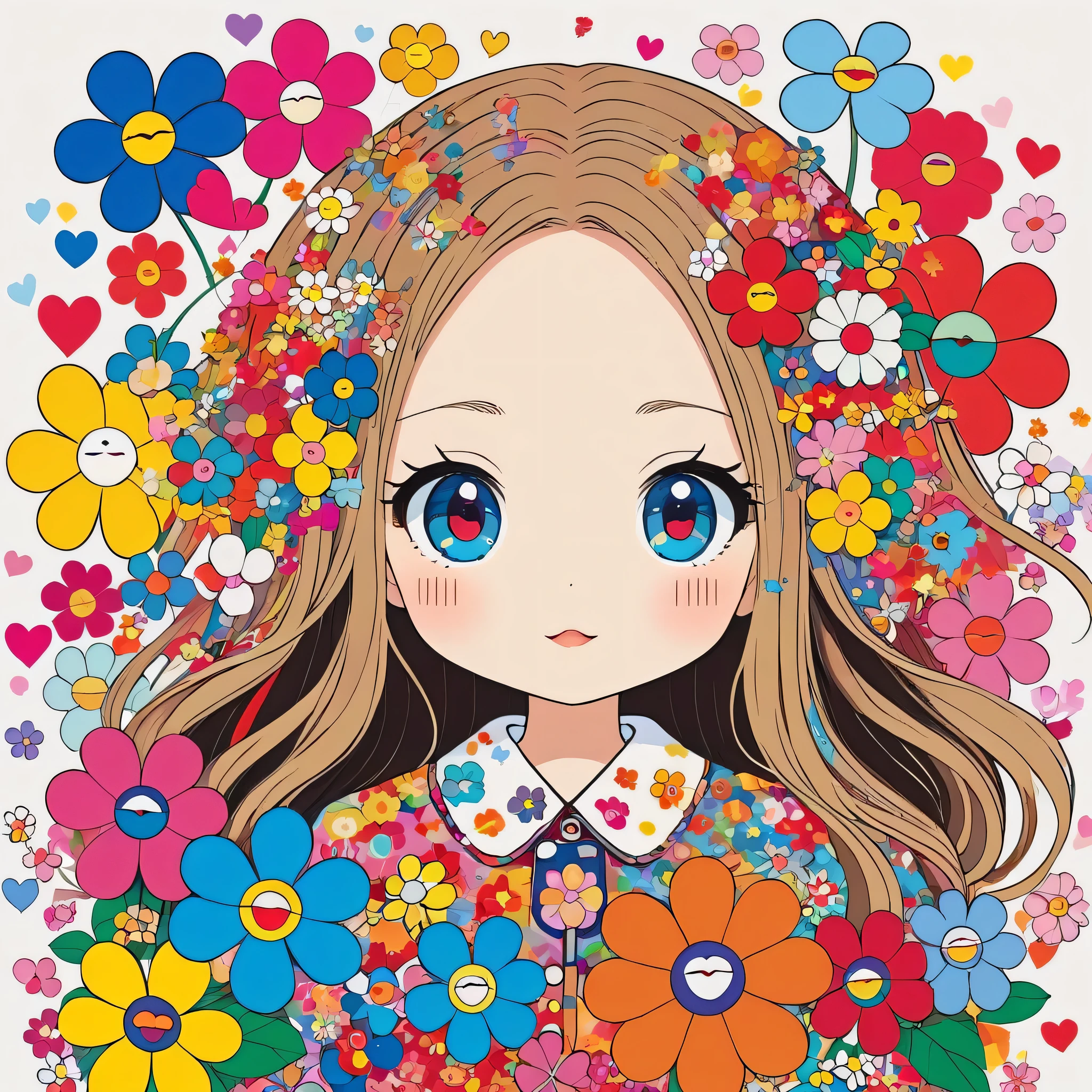 Takashi Murakami style, Simple Line Initialism，Abstract art，Kawaii Design, The most beautiful girl of all time, colorful hearts, colorful flowers,
