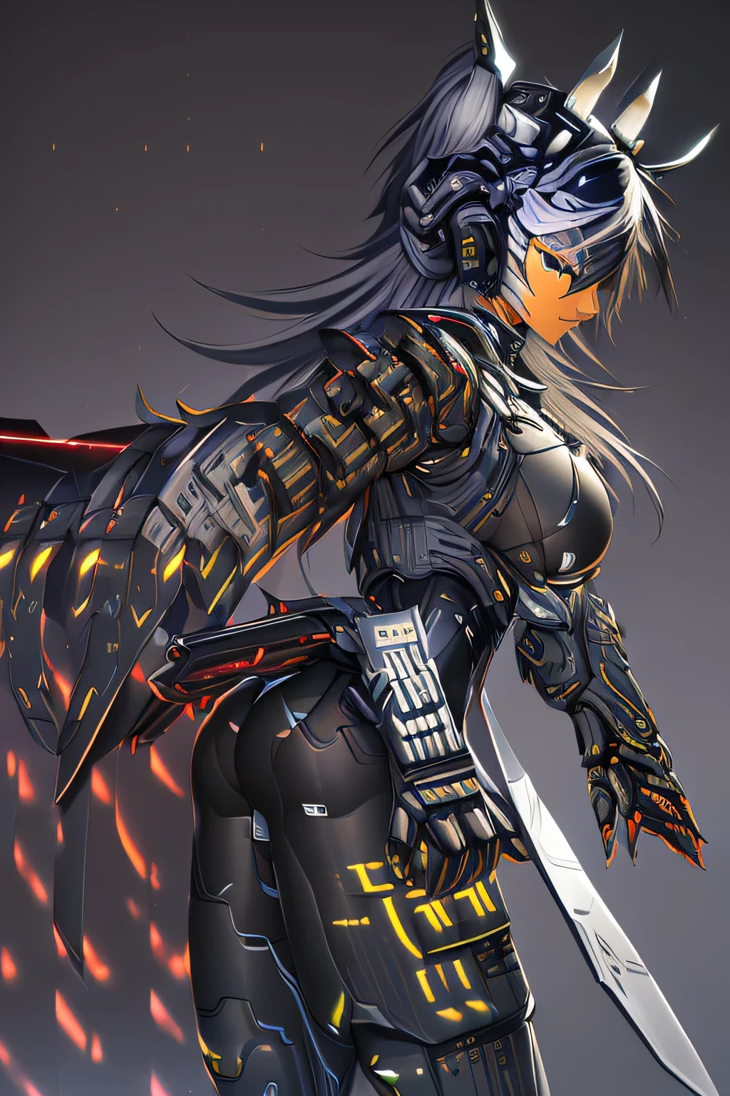 realistic shadow, realistic light, best backgroud, grey_wolf, wolf ears, long hair, white hair, wolf girl, wolf tail, tail, (cyber katana:1.4), mecha musume, mechanical arms, headgear, bodysuit, mecha musume, mechanical parts, robot joints, headgear, big breasts, best quality