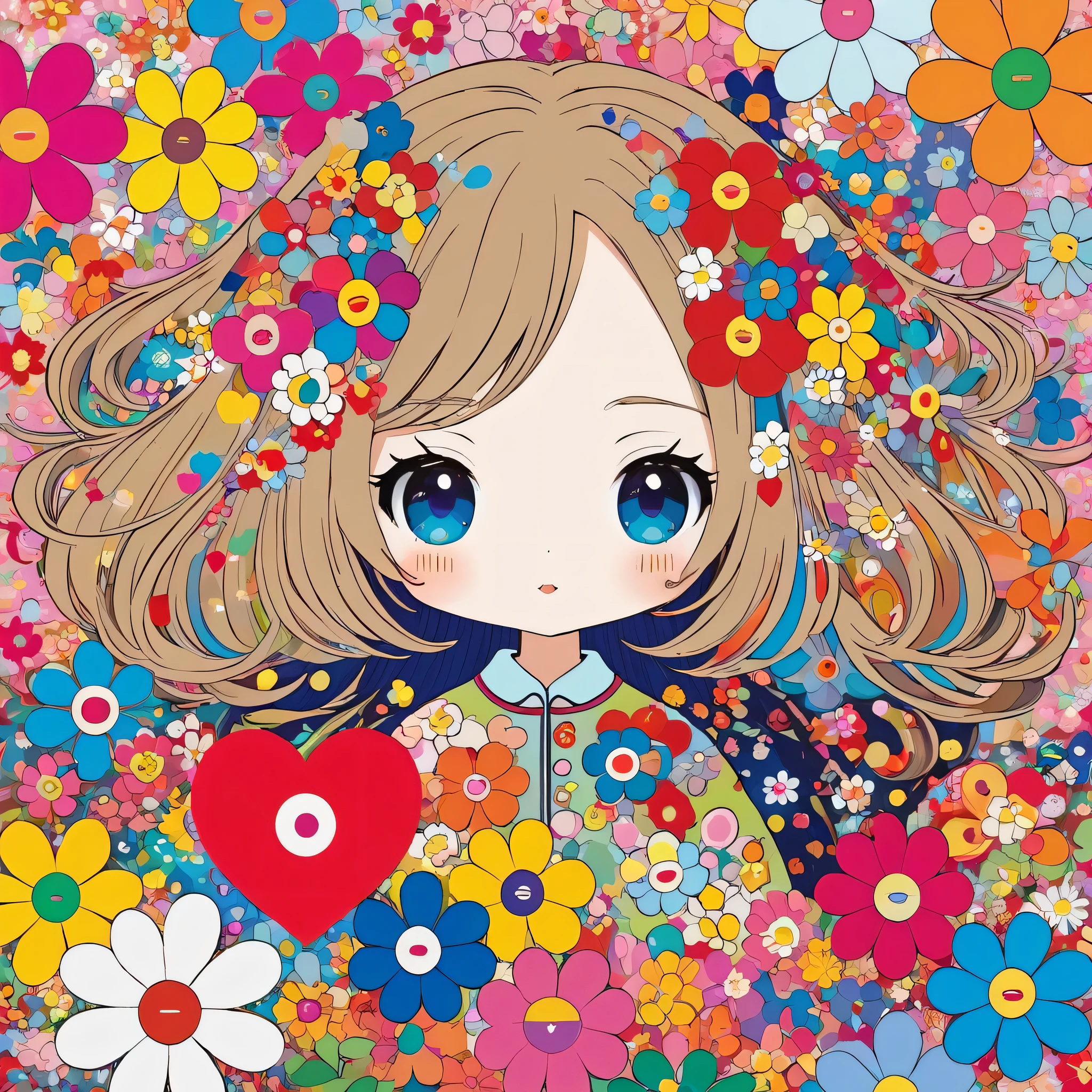 Takashi Murakami style, Simple Line Initialism,Abstract art,Kawaii Design, The most beautiful girl of all time, colorful hearts, colorful flowers,