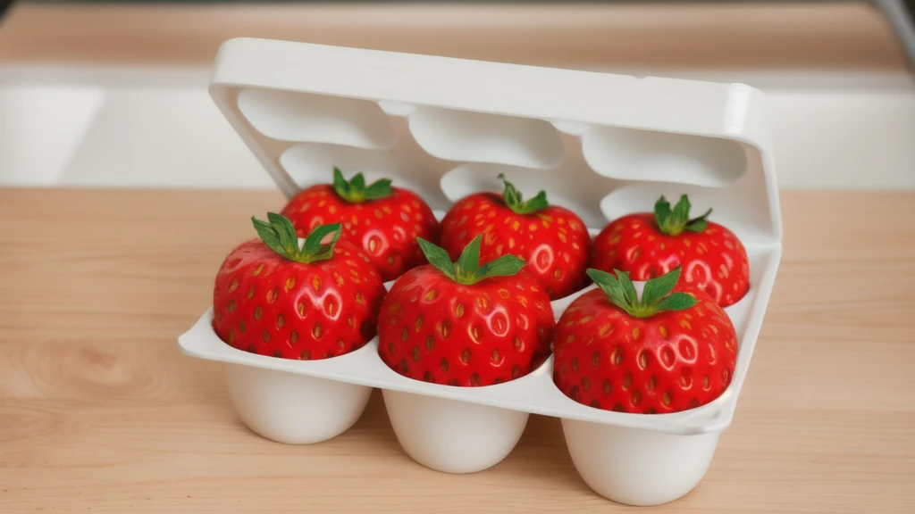 on a wooden table, in a paper egg tray, there are 6 strawberries instead of eggs, strawberries in an egg tray, realistic texture, realistic style, detailed texture, high quality, high resolution, high quality rendering, realistic photo, brightning light, macro photo