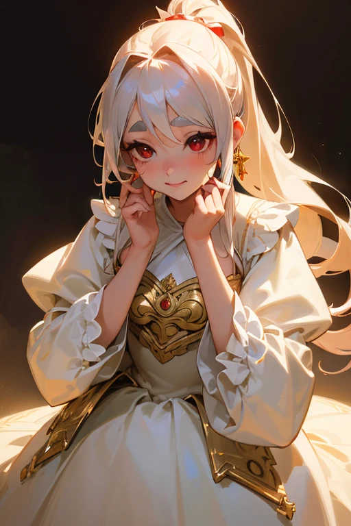 (Highest quality, masterpiece:1.2), High resolution, Very detailed, Realistic:1.37, Fantasy, An illustration, Hair is whiteいです、Red eyes、Queen, White Dress.Platinum decoration、beautifully、Eyeshadow Red、Thick eyebrows、Long eyelashes、pupils are black、Hair is whiteい、Kissing Face、(Embarrassing).loved、ponytail、(Hair is white).((Gold decoration)).((Laugh gently))、((Breastless dresses)).
