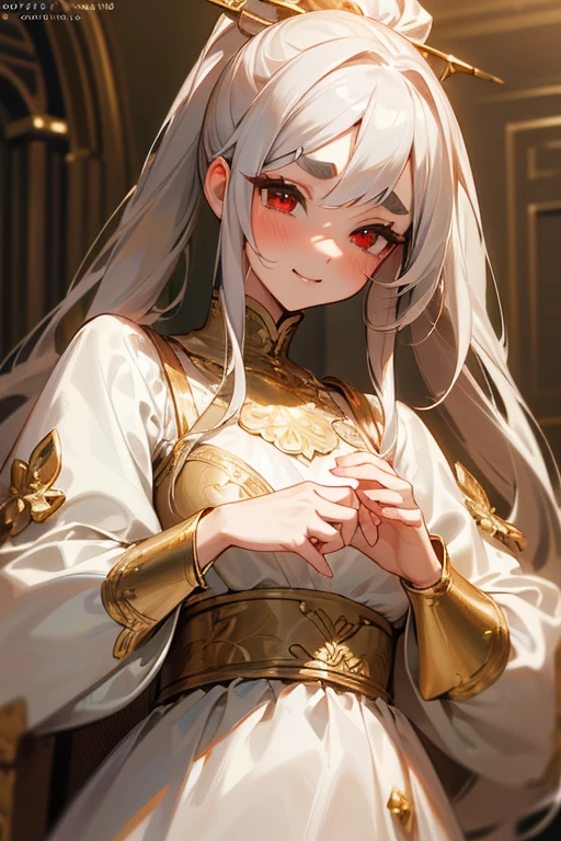 (Highest quality, masterpiece:1.2), High resolution, Very detailed, Realistic:1.37, Fantasy, An illustration, Hair is whiteいです、Red eyes、Queen, White Dress.Platinum decoration、beautifully、Eyeshadow Red、Thick eyebrows、Long eyelashes、pupils are black、Hair is whiteい、Kissing Face、(Embarrassing).loved、ponytail、(Hair is white).((Gold decoration)).((Laugh gently))、((Breastless dresses)).