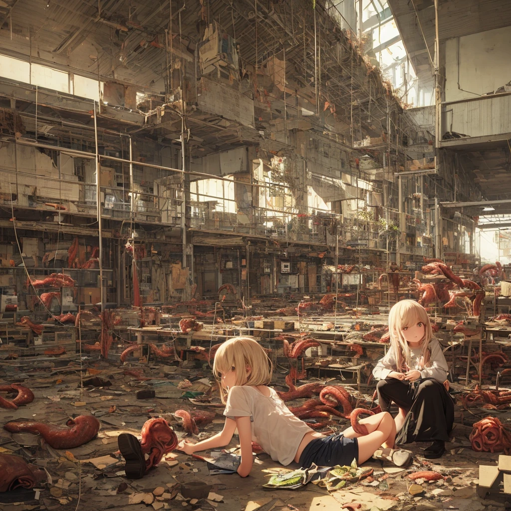 Girl captured by tentacles in abandoned factory　Tentacles in a skirt　Pants fabric texture　